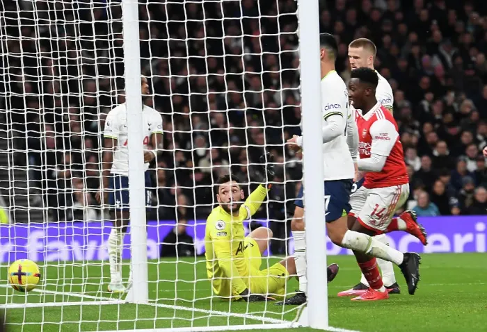 Framed Print : Arsenal Takes the Lead: Hugo Lloris Watches as Arsenal Scores First Goal Against Tottenham in Premier League Clash (January 2023)