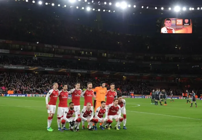 Framed Print : Arsenal team. Arsenal 4: 1 CSKA Moscow. UEFA Europa League. Quarter Final 1st Leg Framed Print : Arsenal team. Arsenal 4: 1 CSKA Moscow. UEFA Europa League. Quarter Final 1st Leg