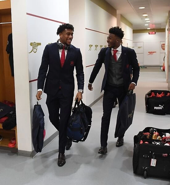 Arsenal Teammates Alex Iwobi and Ainsley Maitland-Niles in the Changing Room before Arsenal vs Everton, Premier League 2017-18