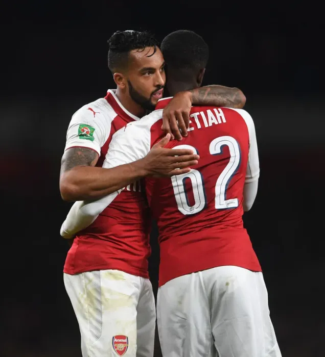 Framed Print : Arsenal: Theo Walcott Embraces Eddie Nketiah after Carabao Cup Victory over Norwich City (2017-18)