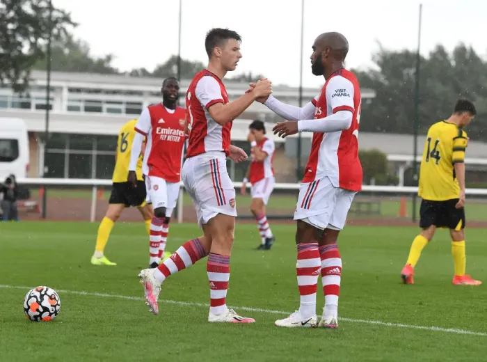 Framed Print : Arsenal: Tierney and Lacazette's Pre-Season Goal Celebration vs. Watford (2021-22)