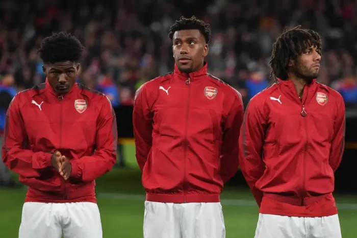 Framed Print : Arsenal Trio: Maitland-Niles, Iwobi, Elneny Pre-Match Huddle vs. FC Köln (2017-18) Framed Print : Arsenal Trio: Maitland-Niles, Iwobi, Elneny Pre-Match Huddle vs. FC Köln (2017-18)