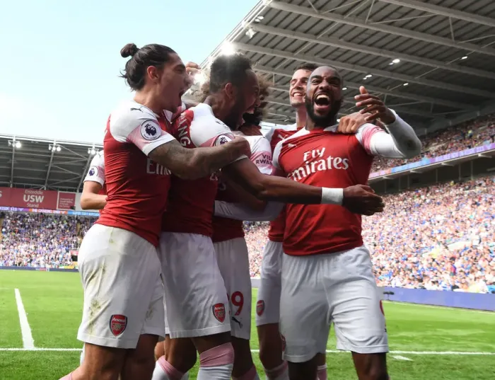 Framed Print : Arsenal Triumph: Aubameyang, Bellerin, and Lacazette Celebrate Goals Against Cardiff City Framed Print : Arsenal Triumph: Aubameyang, Bellerin, and Lacazette Celebrate Goals Against Cardiff City