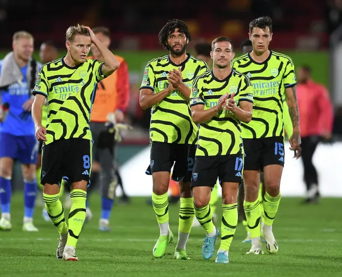 Framed Print : Arsenal Triumph in Carabao Cup Clash against Brentford: Odegaard, Elneny, and Soares Celebrate