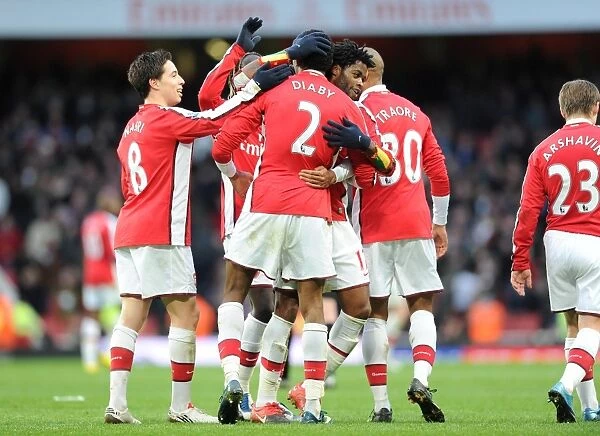 Arsenal Triumph: Diaby's Hat-Trick Celebration with Song, Nasri, and Arshavin vs. Aston Villa (3:0)