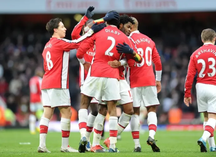 Framed Print : Arsenal Triumph: Diaby's Hat-Trick Celebration with Song, Nasri, and Arshavin vs. Aston Villa (3:0)