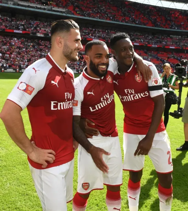Framed Print : Arsenal Triumph in FA Community Shield: Kolasinac, Lacazette, and Welbeck's Jubilant Moment