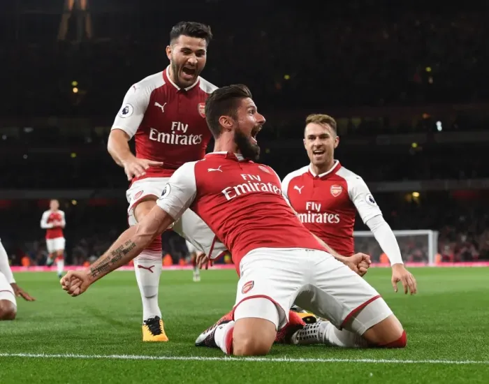 Framed Print : Arsenal Triumph: Giroud, Kolasinac, Ramsey Celebrate Goals vs Leicester City (2017-18)