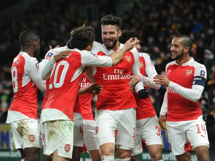 Framed Print : Arsenal Triumph: Giroud, Walcott, and Flamini Celebrate FA Cup Goal Against Hull City Framed Print : Arsenal Triumph: Giroud, Walcott, and Flamini Celebrate FA Cup Goal Against Hull City