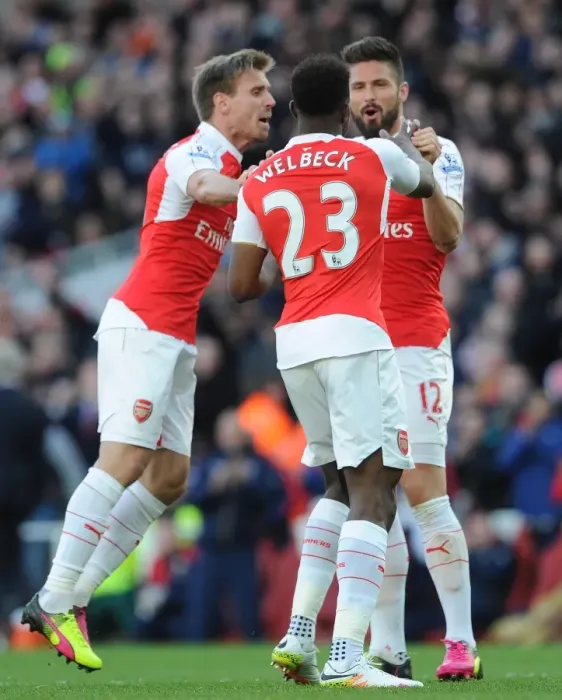 Framed Print : Arsenal Triumph: Giroud, Welbeck, Monreal Celebrate Goal vs. Norwich City (2015-16)