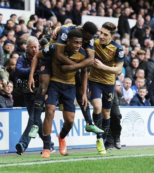 Arsenal Triumph: Iwobi, Welbeck, and Bellerin Celebrate Goals Against Everton (2015-16)