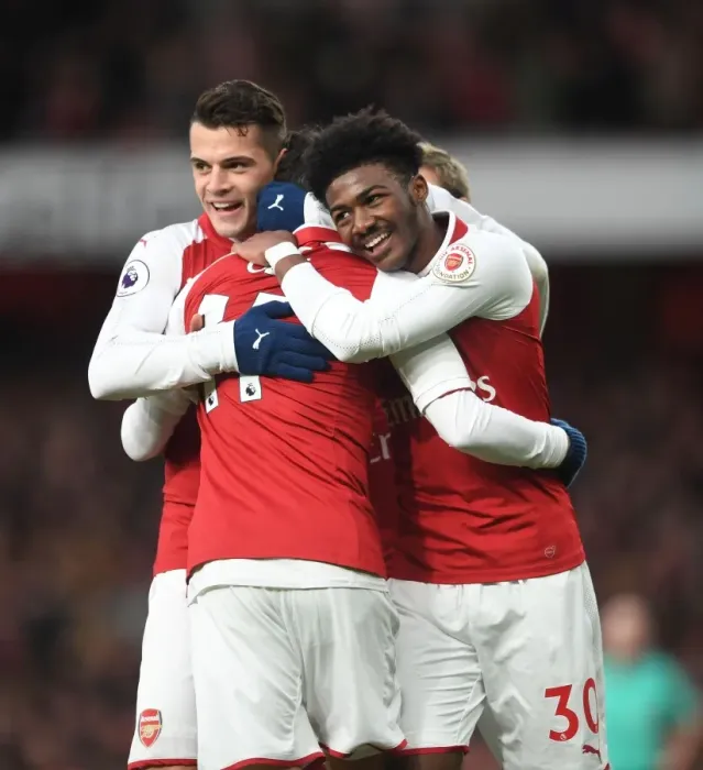 Framed Print : Arsenal Triumph: Ozil, Xhaka, Maitland-Niles Celebrate Goal vs Newcastle United (2017-18) Framed Print : Arsenal Triumph: Ozil, Xhaka, Maitland-Niles Celebrate Goal vs Newcastle United (2017-18)