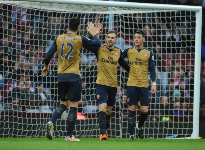 Framed Print : Arsenal Triumph: Ramsey, Giroud, Ozil's Jubilant Moment after Scoring against Aston Villa (2015-16)
