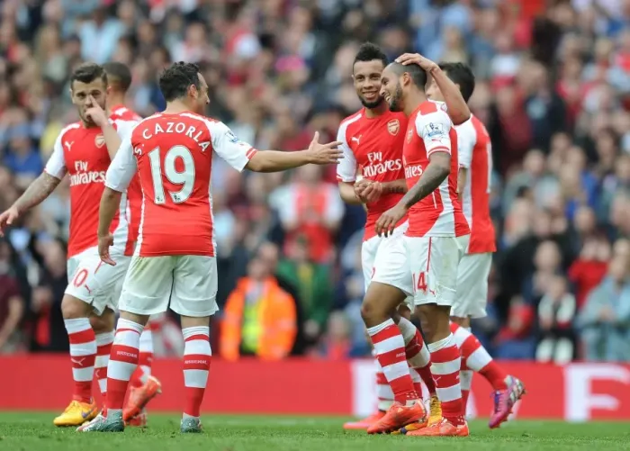 Framed Print : Arsenal Triumph: Walcott, Cazorla, and Coquelin's Goal Celebration vs. West Bromwich Albion (2014-15) Framed Print : Arsenal Triumph: Walcott, Cazorla, and Coquelin's Goal Celebration vs. West Bromwich Albion (2014-15)
