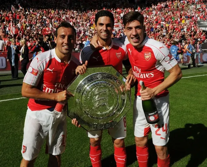 Framed Print : Arsenal Triumphs over Chelsea in Community Shield: Santi Cazorla, Mikel Arteta, and Hector Bellerin Celebrate Framed Print : Arsenal Triumphs over Chelsea in Community Shield: Santi Cazorla, Mikel Arteta, and Hector Bellerin Celebrate