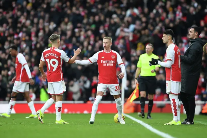 Framed Print : Arsenal: Trossard Bids Farewell to Zinchenko Before Substitution (2023-24) Framed Print : Arsenal: Trossard Bids Farewell to Zinchenko Before Substitution (2023-24)