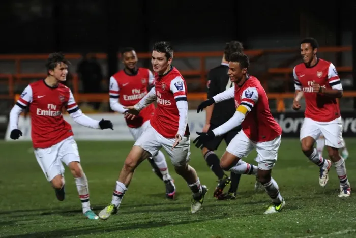Framed Print : Arsenal U19 Trio: Toral, Angha, Olsson Celebrate Goals Against Athletico Bilbao in NextGen Series