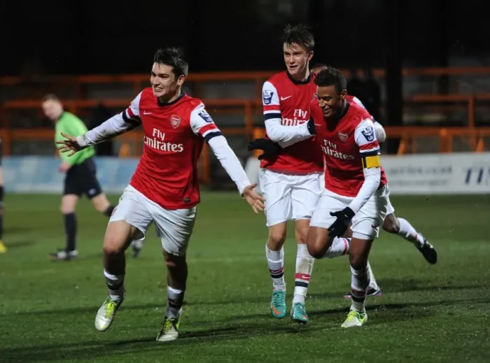 Framed Print : Arsenal U19 Trio: Toral, Angha, Olsson Celebrate Goals vs. Athletico Bilbao