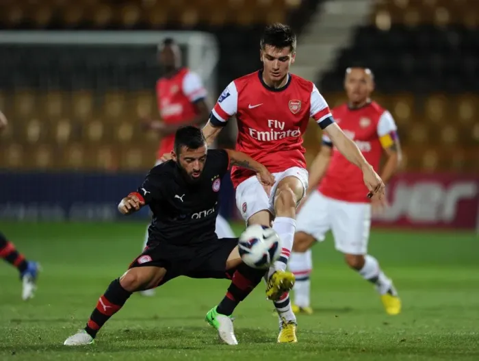 Framed Print : Arsenal U19 vs Olympiacos U19: Jon Toral vs Emmanouil Siopos Clash in NextGen Series Framed Print : Arsenal U19 vs Olympiacos U19: Jon Toral vs Emmanouil Siopos Clash in NextGen Series