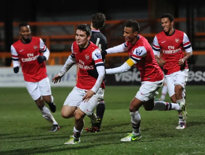 Framed Print : Arsenal U19s in Action: Toral and Angha's Goal Celebration vs Athletico Bilbao in NextGen Series