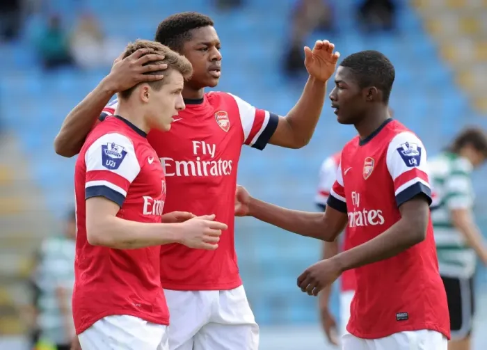 Framed Print : Arsenal U19s Celebrate Third Place Goal: Thomas Eisfeld, Chuba Akpom, Ainsley Maitland-Niles vs. Sporting Lisbon U19, NextGen Series 2013 Framed Print : Arsenal U19s Celebrate Third Place Goal: Thomas Eisfeld, Chuba Akpom, Ainsley Maitland-Niles vs. Sporting Lisbon U19, NextGen Series 2013