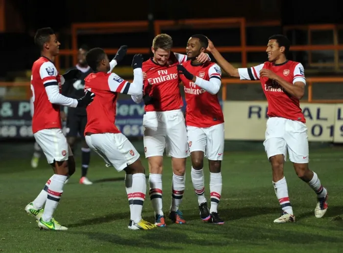 Framed Print : Arsenal U19s Celebrate Sead Hajrovic's Goal Against Athletico Bilbao U19 - NextGen Series