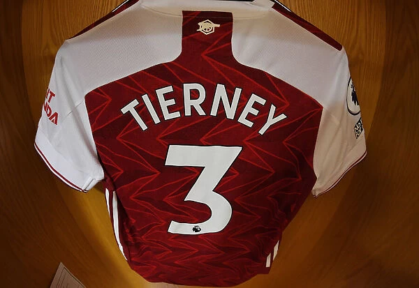 Arsenal v Manchester City: Empty Emirates - Kieran Tierney's Hanging Shirt (Premier League 2021)