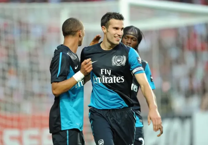 Framed Print : Arsenal: Van Persie and Gibbs Celebrate Goal Against Benfica, 2011