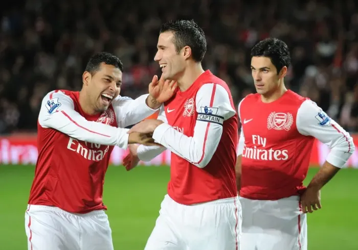Framed Print : Arsenal: Van Persie and Santos Sharing a Moment of Laughter Before Arsenal vs. Fulham (2011-12)