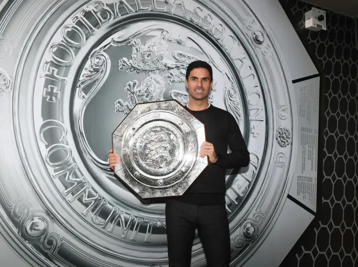Framed Print : Arsenal Victorious: Mikel Arteta Celebrates FA Community Shield Win Against Liverpool Framed Print : Arsenal Victorious: Mikel Arteta Celebrates FA Community Shield Win Against Liverpool