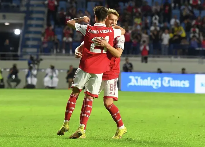Framed Print : Arsenal vs AC Milan: Martin Odegaard and Fabio Vieira Celebrate Goal at Dubai Super Cup