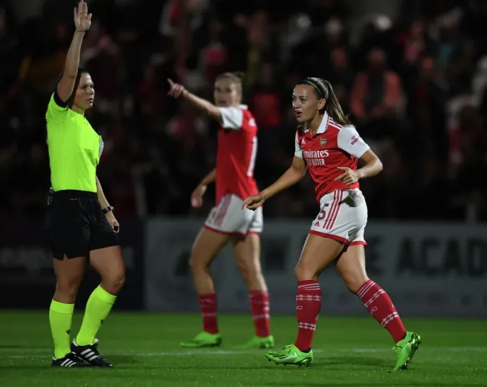Framed Print : Arsenal vs AFC Ajax: Women's Champions League Second Qualifying Round First Leg - Katie McCabe Discusses with Referee