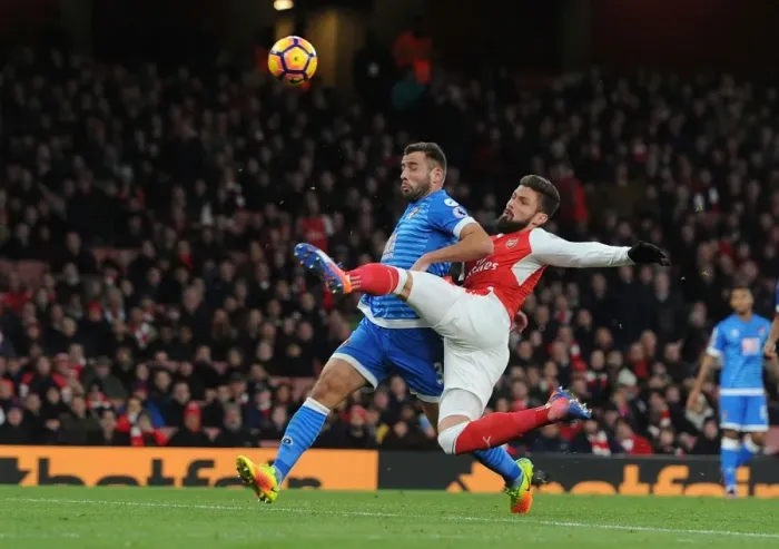 Framed Print : Arsenal vs AFC Bournemouth: Olivier Giroud vs Steve Cook Battle at Emirates Stadium, Premier League 2016 / 17
