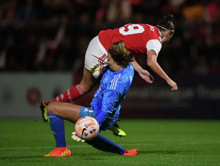 Framed Print : Arsenal vs Ajax: A Battle in the UEFA Women's Champions League - Caitlin Foord vs Lize Kop Clash Framed Print : Arsenal vs Ajax: A Battle in the UEFA Women's Champions League - Caitlin Foord vs Lize Kop Clash