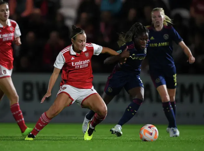 Framed Print : Arsenal vs Ajax: Caitlin Foord vs Liza van der Most - UEFA Women's Champions League Clash