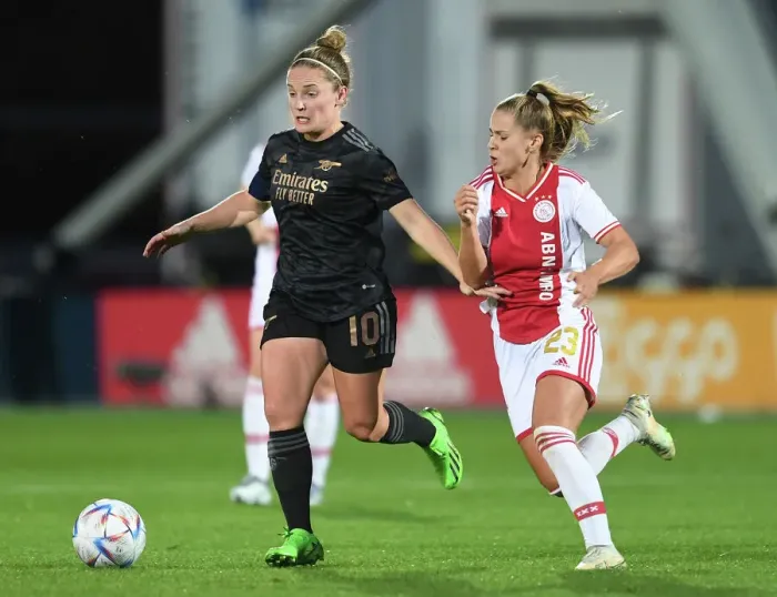 Framed Print : Arsenal vs. Ajax Women: Kim Little Clashes with Victoria Pelova in UEFA Champions League Showdown Framed Print : Arsenal vs. Ajax Women: Kim Little Clashes with Victoria Pelova in UEFA Champions League Showdown