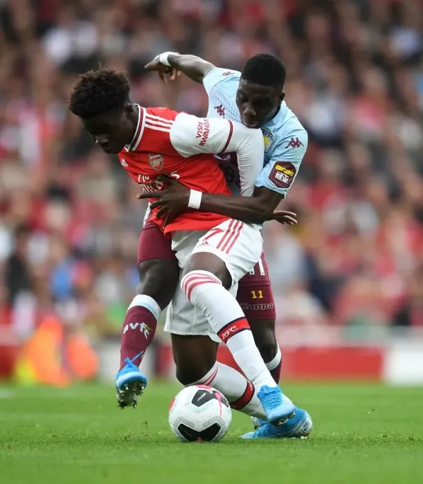 Framed Print : Arsenal vs Aston Villa: Bukayo Saka Clash with Nakamba in Premier League Showdown