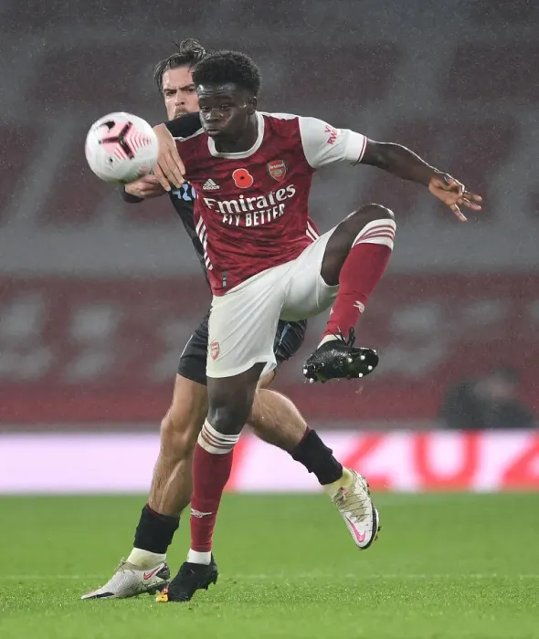 Framed Print : Arsenal vs Aston Villa: Bukayo Saka Fends Off Jack Grealish Pressure in Premier League Clash Framed Print : Arsenal vs Aston Villa: Bukayo Saka Fends Off Jack Grealish Pressure in Premier League Clash