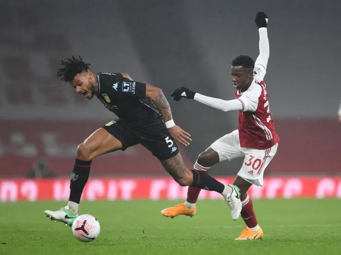 Framed Print : Arsenal vs Aston Villa: Eddie Nketiah Clashes with Tyrone Mings in Premier League Showdown