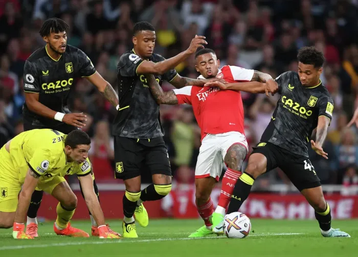 Framed Print : Arsenal vs Aston Villa: Gabriel Jesus Tangles with Defenders in Premier League Clash (2022-23) Framed Print : Arsenal vs Aston Villa: Gabriel Jesus Tangles with Defenders in Premier League Clash (2022-23)