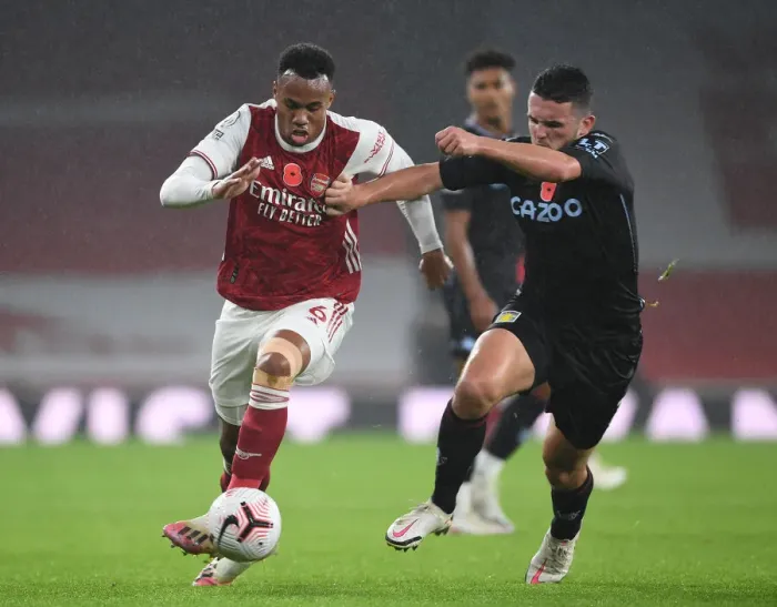 Framed Print : Arsenal vs Aston Villa: Gabriel vs McGinn in Empty Emirates Stadium, Premier League 2020-21