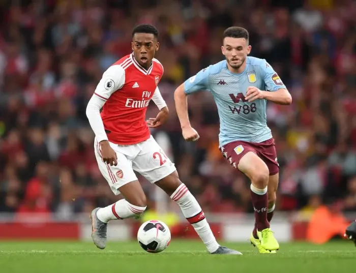 Framed Print : Arsenal vs Aston Villa: Joe Willock Clashes with John McGinn in Premier League Showdown