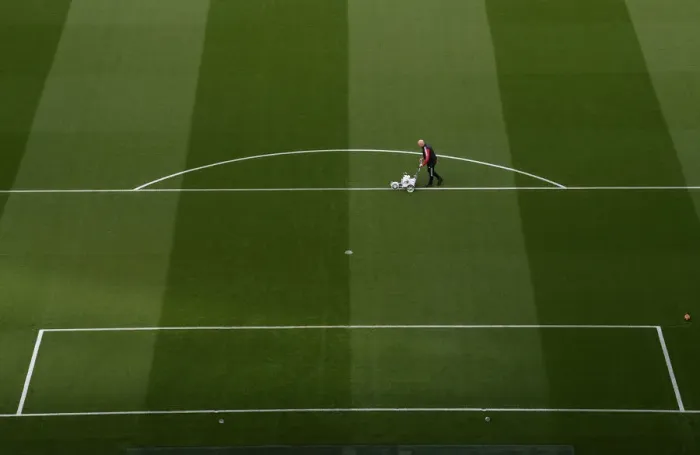 Framed Print : Arsenal vs Aston Villa: Pre-Match Pitch Preparation at Emirates Stadium (2021-22)