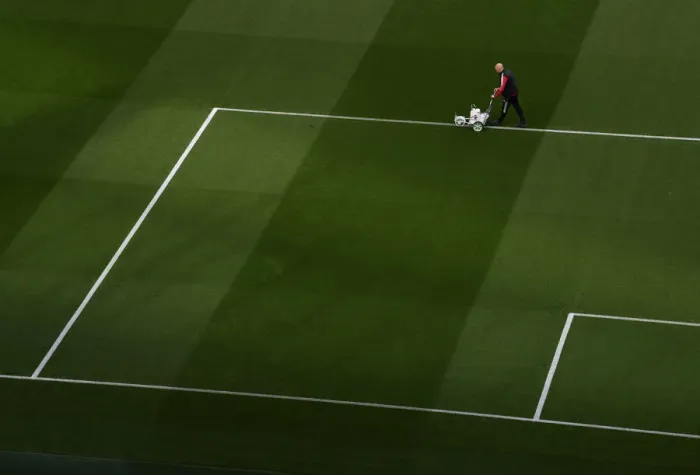 Framed Print : Arsenal vs Aston Villa: Pre-Match Pitch Preparation at Emirates Stadium (2021-22)