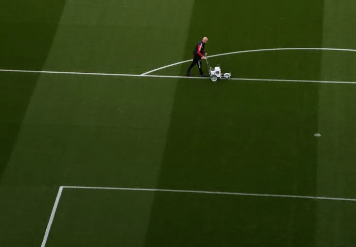 Framed Print : Arsenal vs Aston Villa: Pre-Match Pitch Preparation at Emirates Stadium (2021-22)