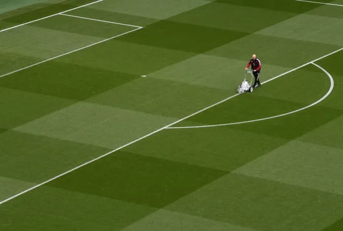 Framed Print : Arsenal vs Aston Villa: Pre-Match Pitch Preparation at Emirates Stadium (2021-22)
