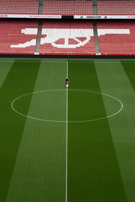 Framed Print : Arsenal vs Aston Villa: Pre-Match Pitch Preparation at Emirates Stadium (2021-22)
