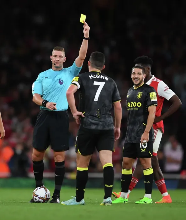 Framed Print : Arsenal vs Aston Villa: Referee Issues Yellow Card to John McGinn in 2022-23 Premier League Clash