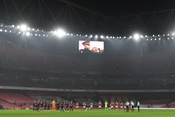 Framed Print : Arsenal vs. Aston Villa: Remembrance Day Tribute in Empty Emirates Stadium, Premier League 2020-21