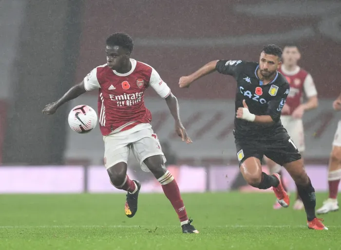 Framed Print : Arsenal vs Aston Villa: Saka vs Trezeguet Clash in Empty Emirates Stadium, Premier League 2020-21
